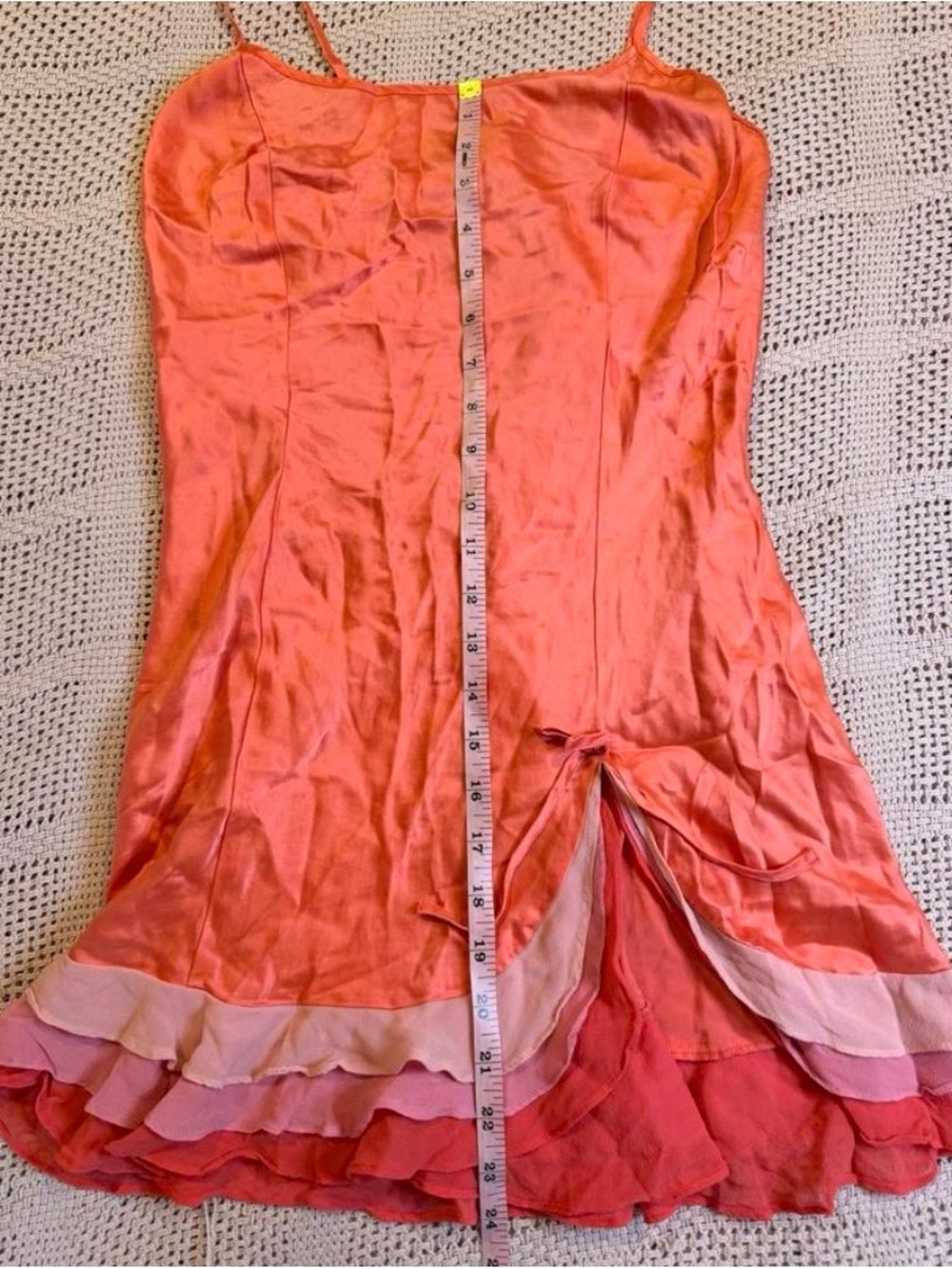 Coral vintage 100% silk slip Dress with Layered Hem